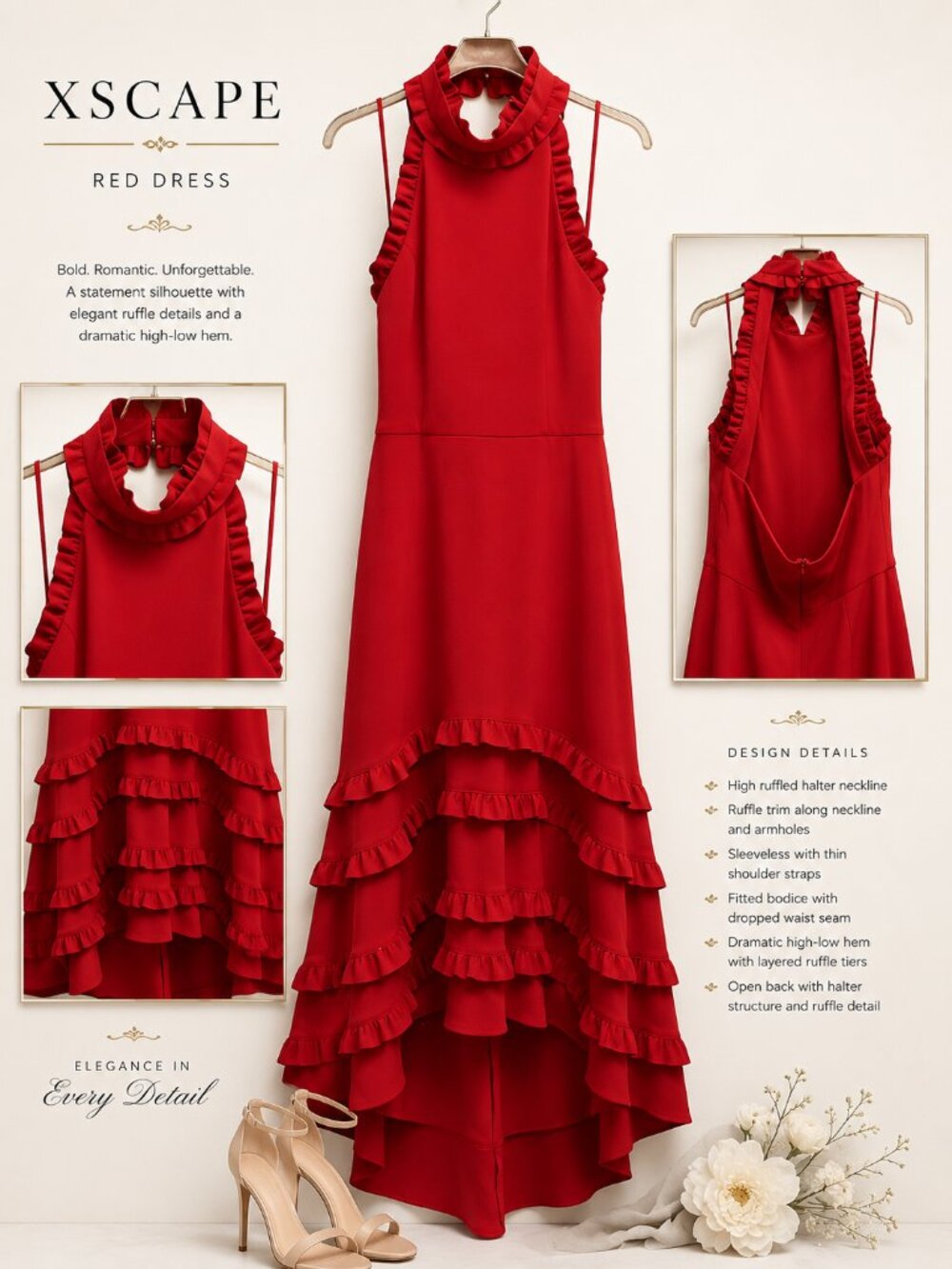 Xscape Red One-Shoulder Flower Side-Slit Dress Size 4 NWT